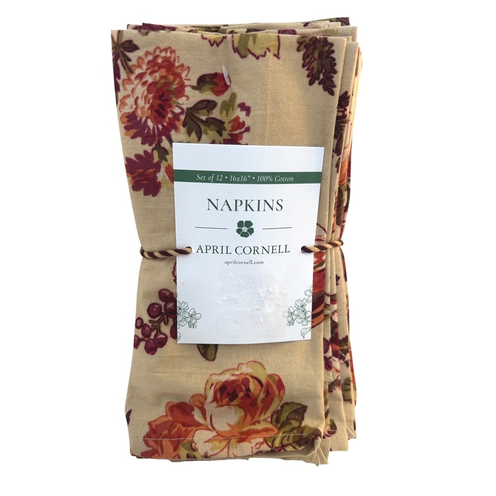 April Cornell Tan Floral Berry Cotton Napkins Set of 12 16x16in New!